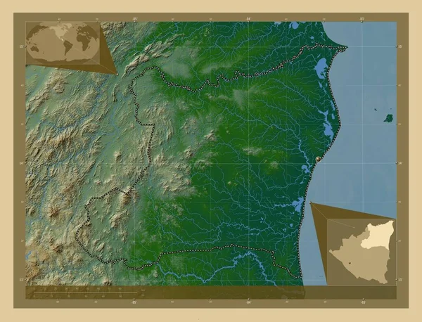 Атлантико Норте Автономний Регіон Нікарагуа Кольорові Карти Висот Озерами Річками — стокове фото