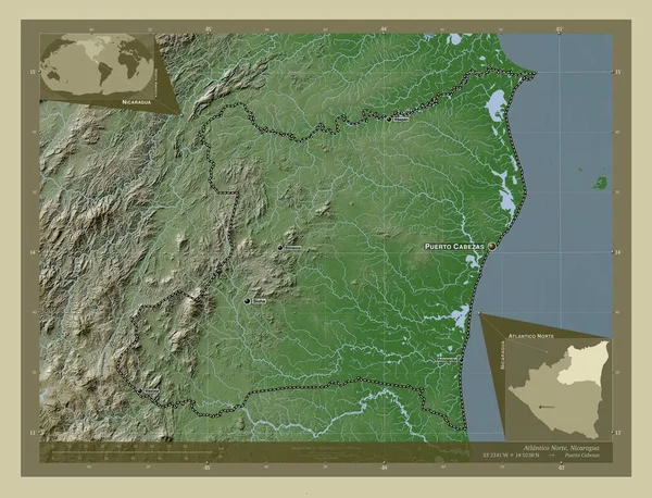 尼加拉瓜北部大西洋沿岸自治区 用Wiki风格绘制的带有湖泊和河流的高程地图 该区域主要城市的地点和名称 角辅助位置图 — 图库照片