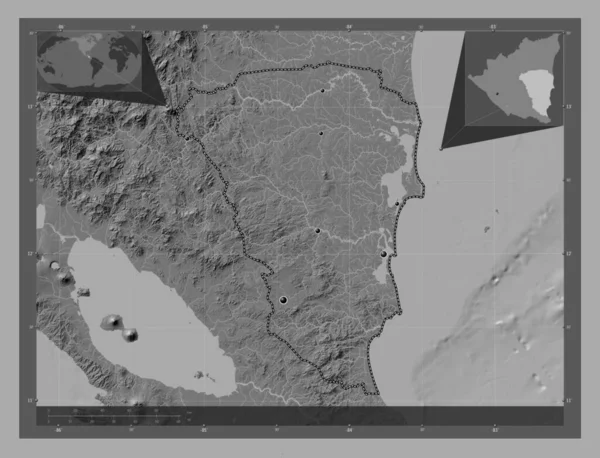 ニカラグアの自治区 アトランティコ スール 湖や川と二階の標高マップ 地域の主要都市の場所 コーナー補助位置図 — ストック写真
