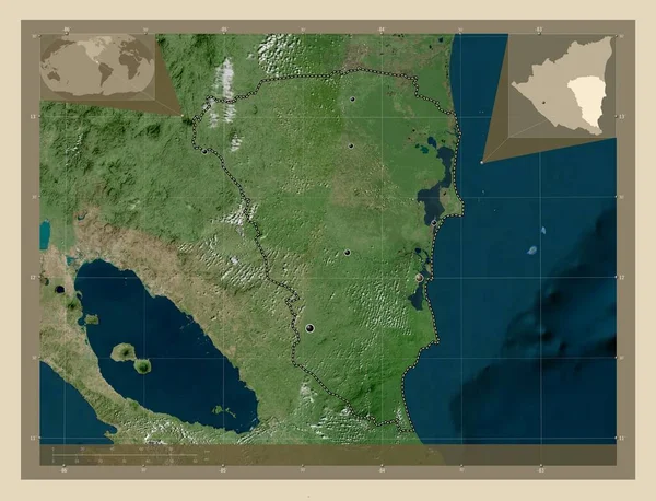 ニカラグアの自治区 アトランティコ スール 高解像度衛星地図 地域の主要都市の場所 コーナー補助位置図 — ストック写真