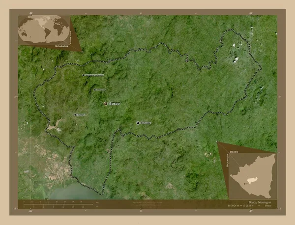 ニカラグアのボアコだ 低解像度衛星地図 地域の主要都市の位置と名前 コーナー補助位置図 — ストック写真