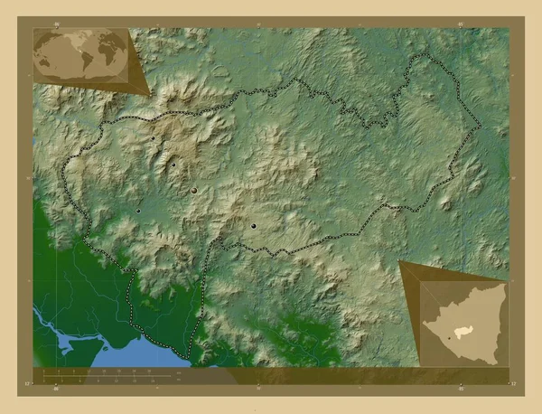 Boaco Departament Nikaragui Kolorowa Mapa Wzniesień Jeziorami Rzekami Lokalizacje Dużych — Zdjęcie stockowe