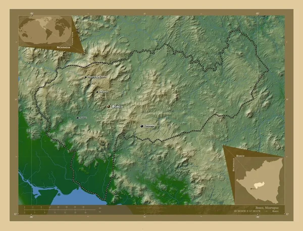 博阿科 尼加拉瓜省有湖泊和河流的彩色高程图 该区域主要城市的地点和名称 角辅助位置图 — 图库照片