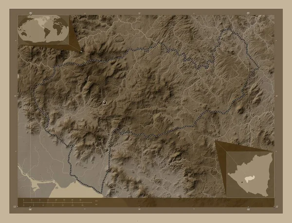 Boaco Department Nicaragua Elevation Map Colored Sepia Tones Lakes Rivers — Stock Photo, Image