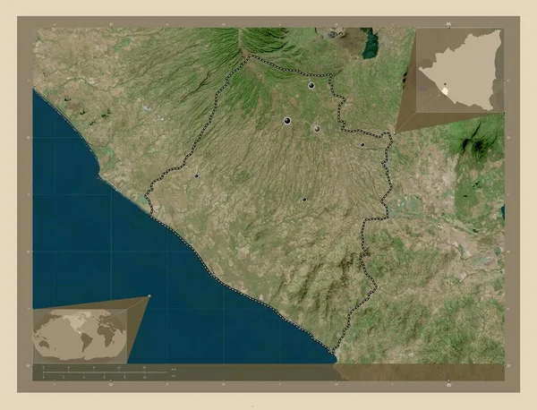 尼加拉瓜省 卡拉佐 高分辨率卫星地图 该区域主要城市的所在地点 角辅助位置图 — 图库照片