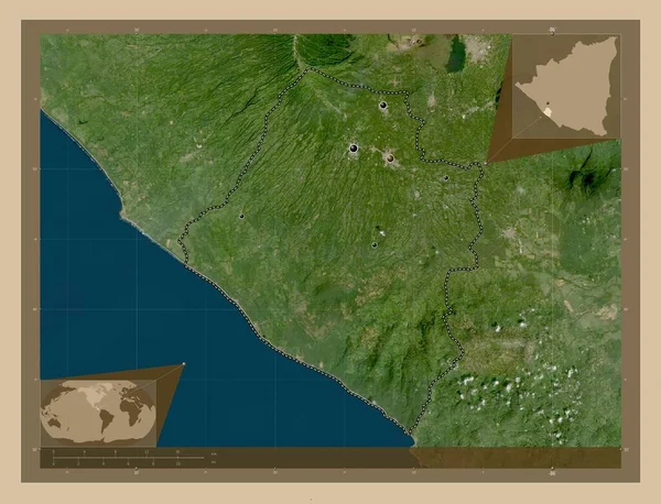 尼加拉瓜省 卡拉佐 低分辨率卫星地图 该区域主要城市的所在地点 角辅助位置图 — 图库照片