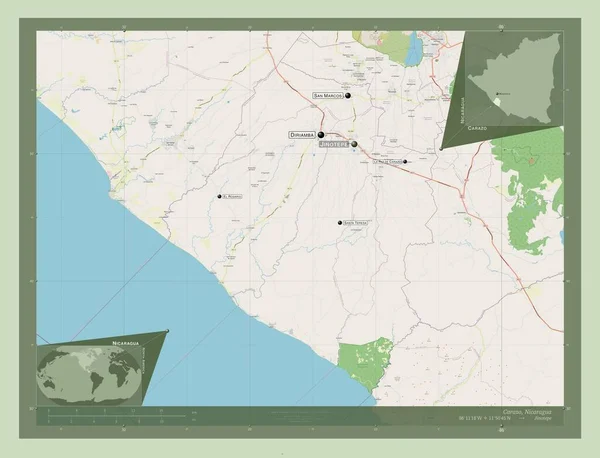 尼加拉瓜省 卡拉佐 开放街道地图 该区域主要城市的地点和名称 角辅助位置图 — 图库照片