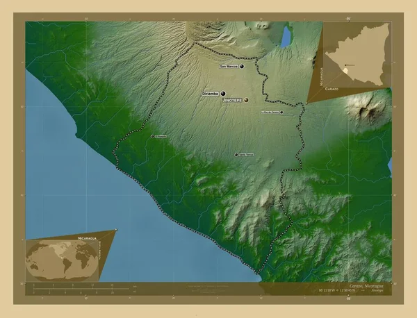 尼加拉瓜省 卡拉佐 有湖泊和河流的彩色高程图 该区域主要城市的地点和名称 角辅助位置图 — 图库照片