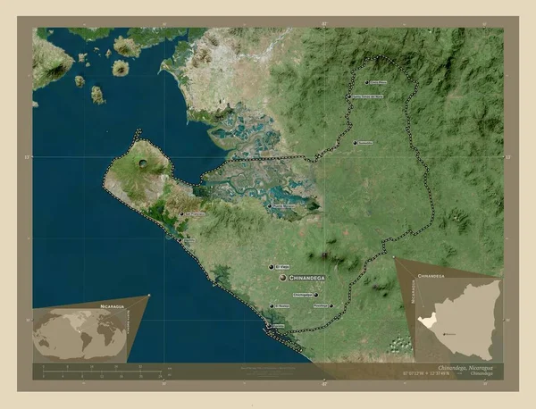 Chinandega Departament Nikaragui Mapa Satelity Wysokiej Rozdzielczości Lokalizacje Nazwy Głównych — Zdjęcie stockowe