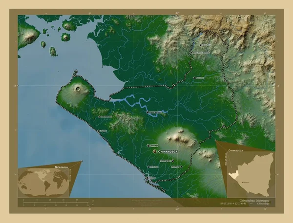 Chinandega 尼加拉瓜省 有湖泊和河流的彩色高程图 该区域主要城市的地点和名称 角辅助位置图 — 图库照片