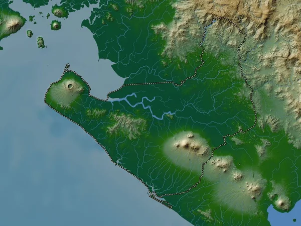 Chinandega Dipartimento Del Nicaragua Mappa Elevazione Colorata Con Laghi Fiumi — Foto Stock