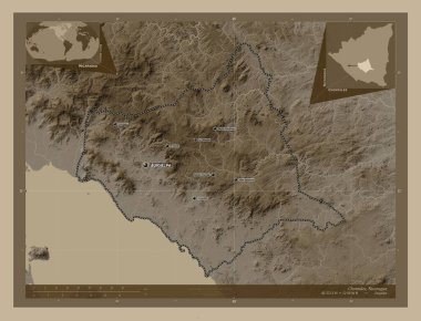 Chontales, Nikaragua Bölümü. Yükseklik haritası sepya tonlarında göller ve nehirlerle renklendirilmiş. Bölgenin büyük şehirlerinin yerleri ve isimleri. Köşedeki yedek konum haritaları