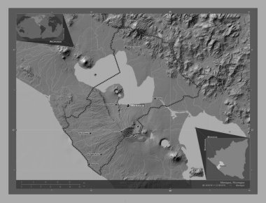 Managua, Nikaragua Bölümü. Göllü ve nehirli çift katlı yükseklik haritası. Bölgenin büyük şehirlerinin yerleri ve isimleri. Köşedeki yedek konum haritaları