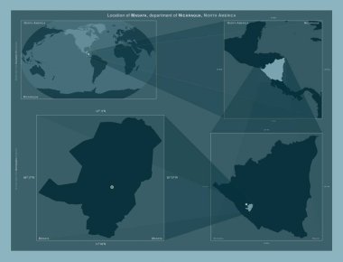 Masaya, Nikaragua Bölümü. Büyük ölçekli haritalarda bölgenin yerini gösteren diyagram. Katı bir arkaplan üzerinde vektör çerçevelerinin ve PNG şekillerinin bileşimi