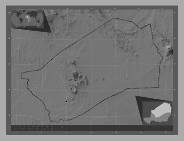 Agadez, Nijer Bölümü. Göllü ve nehirli çift katlı yükseklik haritası. Köşedeki yedek konum haritaları