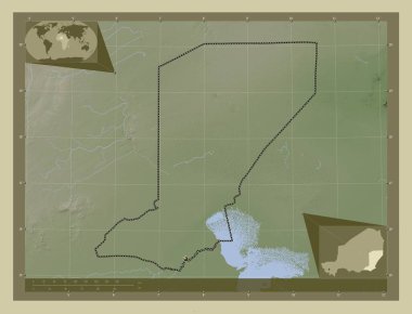 Diffa, Nijer Bölümü. Yükseklik haritası göller ve nehirlerle wiki tarzında renklendirilmiş. Köşedeki yedek konum haritaları