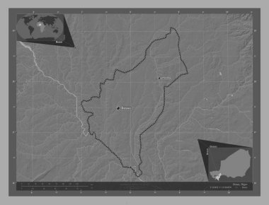 Dosso, Nijer Bölümü. Göllü ve nehirli çift katlı yükseklik haritası. Bölgenin büyük şehirlerinin yerleri ve isimleri. Köşedeki yedek konum haritaları