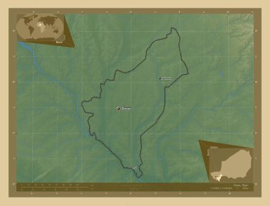 Dosso, Nijer Bölümü. Gölleri ve nehirleri olan renkli yükseklik haritası. Bölgenin büyük şehirlerinin yerleri ve isimleri. Köşedeki yedek konum haritaları