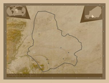 Maradi, Nijer Bölümü. Düşük çözünürlüklü uydu. Bölgenin büyük şehirlerinin yerleri. Köşedeki yedek konum haritaları