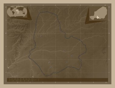 Maradi, Nijer Bölümü. Yükseklik haritası sepya tonlarında göller ve nehirlerle renklendirilmiş. Bölgenin büyük şehirlerinin yerleri. Köşedeki yedek konum haritaları
