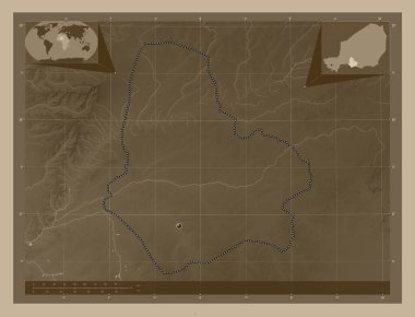 Maradi, Nijer Bölümü. Yükseklik haritası sepya tonlarında göller ve nehirlerle renklendirilmiş. Köşedeki yedek konum haritaları