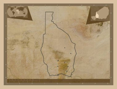 Tahoua, Nijer Bölümü. Düşük çözünürlüklü uydu. Bölgenin büyük şehirlerinin yerleri. Köşedeki yedek konum haritaları