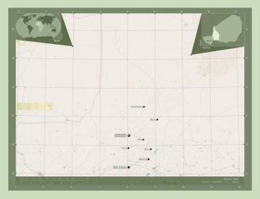 Tahoua, Nijer Bölümü. Açık Sokak Haritası. Bölgenin büyük şehirlerinin yerleri ve isimleri. Köşedeki yedek konum haritaları