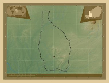 Tahoua, Nijer Bölümü. Gölleri ve nehirleri olan renkli yükseklik haritası. Köşedeki yedek konum haritaları