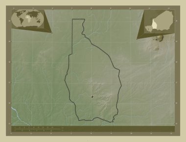 Tahoua, Nijer Bölümü. Yükseklik haritası göller ve nehirlerle wiki tarzında renklendirilmiş. Köşedeki yedek konum haritaları