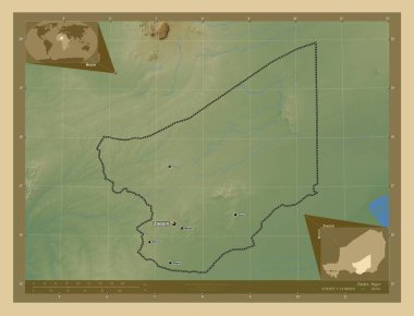 Zinder, Nijer Bölümü. Gölleri ve nehirleri olan renkli yükseklik haritası. Bölgenin büyük şehirlerinin yerleri ve isimleri. Köşedeki yedek konum haritaları