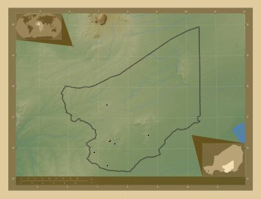 Zinder, Nijer Bölümü. Gölleri ve nehirleri olan renkli yükseklik haritası. Bölgenin büyük şehirlerinin yerleri. Köşedeki yedek konum haritaları