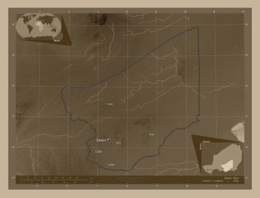 Zinder, Nijer Bölümü. Yükseklik haritası sepya tonlarında göller ve nehirlerle renklendirilmiş. Bölgenin büyük şehirlerinin yerleri ve isimleri. Köşedeki yedek konum haritaları