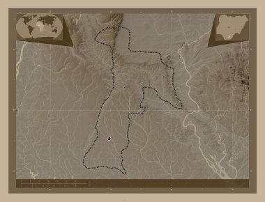 Abia, Nijerya eyaleti. Yükseklik haritası sepya tonlarında göller ve nehirlerle renklendirilmiş. Bölgenin büyük şehirlerinin yerleri. Köşedeki yedek konum haritaları