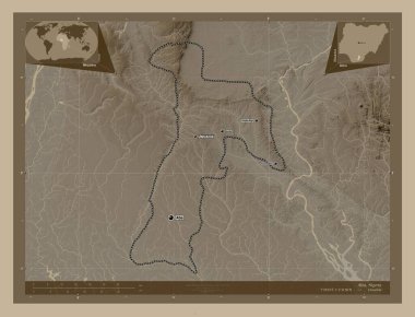 Abia, Nijerya eyaleti. Yükseklik haritası sepya tonlarında göller ve nehirlerle renklendirilmiş. Bölgenin büyük şehirlerinin yerleri ve isimleri. Köşedeki yedek konum haritaları