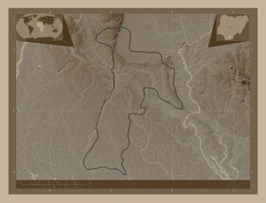 Abia, Nijerya eyaleti. Yükseklik haritası sepya tonlarında göller ve nehirlerle renklendirilmiş. Köşedeki yedek konum haritaları