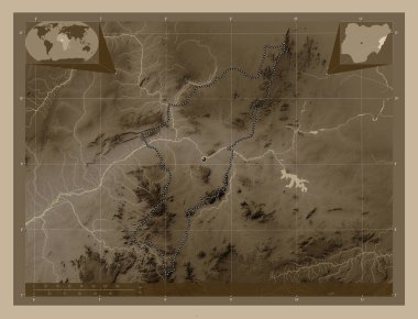 Adamawa, Nijerya Eyaleti. Yükseklik haritası sepya tonlarında göller ve nehirlerle renklendirilmiş. Köşedeki yedek konum haritaları