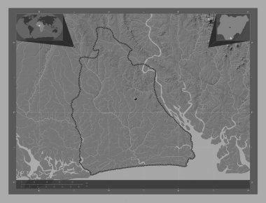 Akwa Ibom, Nijerya eyaleti. Göllü ve nehirli çift katlı yükseklik haritası. Köşedeki yedek konum haritaları