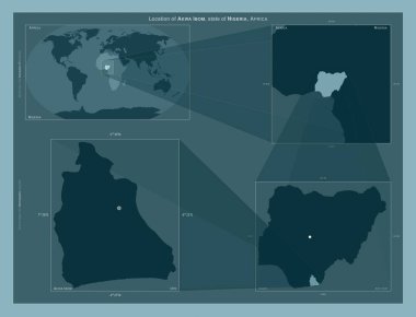 Akwa Ibom, Nijerya eyaleti. Büyük ölçekli haritalarda bölgenin yerini gösteren diyagram. Katı bir arkaplan üzerinde vektör çerçevelerinin ve PNG şekillerinin bileşimi