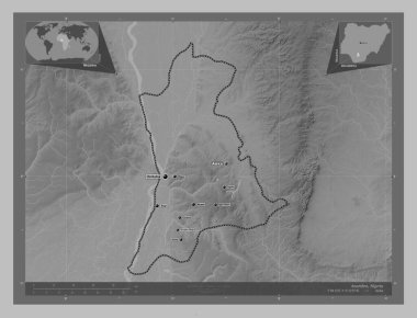Anambra, Nijerya eyaleti. Gölleri ve nehirleri olan gri tonlama yükseklik haritası. Bölgenin büyük şehirlerinin yerleri ve isimleri. Köşedeki yedek konum haritaları