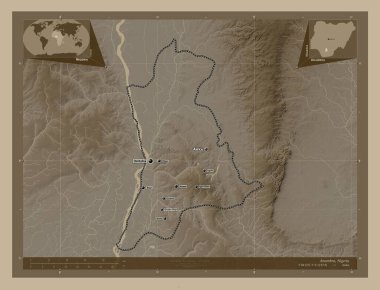 Anambra, Nijerya eyaleti. Yükseklik haritası sepya tonlarında göller ve nehirlerle renklendirilmiş. Bölgenin büyük şehirlerinin yerleri ve isimleri. Köşedeki yedek konum haritaları
