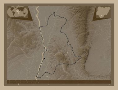 Anambra, Nijerya eyaleti. Yükseklik haritası sepya tonlarında göller ve nehirlerle renklendirilmiş. Bölgenin büyük şehirlerinin yerleri. Köşedeki yedek konum haritaları