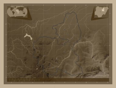 Bauchi, Nijerya Eyaleti. Yükseklik haritası sepya tonlarında göller ve nehirlerle renklendirilmiş. Bölgenin büyük şehirlerinin yerleri. Köşedeki yedek konum haritaları