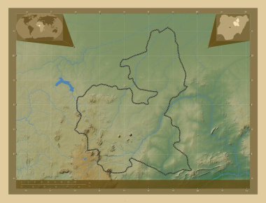 Bauchi, Nijerya Eyaleti. Gölleri ve nehirleri olan renkli yükseklik haritası. Köşedeki yedek konum haritaları