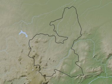 Bauchi, Nijerya Eyaleti. Yükseklik haritası göller ve nehirlerle wiki stilinde renklendirilmiştir
