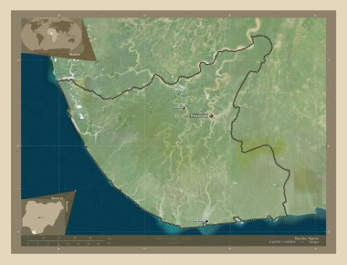 Bayelsa, Nijerya eyaleti. Yüksek çözünürlüklü uydu. Bölgenin büyük şehirlerinin yerleri ve isimleri. Köşedeki yedek konum haritaları