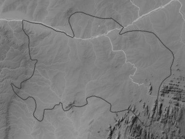 Benue, Nijerya Eyaleti. Gölleri ve nehirleri olan gri tonlama yükseklik haritası