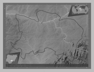 Benue, Nijerya Eyaleti. Gölleri ve nehirleri olan gri tonlama yükseklik haritası. Bölgenin büyük şehirlerinin yerleri. Köşedeki yedek konum haritaları