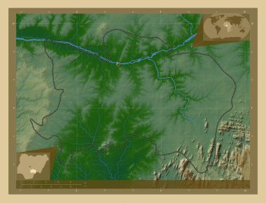 Benue, Nijerya Eyaleti. Gölleri ve nehirleri olan renkli yükseklik haritası. Köşedeki yedek konum haritaları