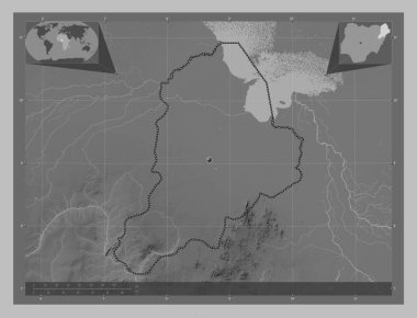 Borno, Nijerya Eyaleti. Gölleri ve nehirleri olan gri tonlama yükseklik haritası. Köşedeki yedek konum haritaları
