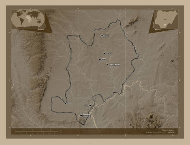 Ebonyi, Nijerya eyaleti. Yükseklik haritası sepya tonlarında göller ve nehirlerle renklendirilmiş. Bölgenin büyük şehirlerinin yerleri ve isimleri. Köşedeki yedek konum haritaları